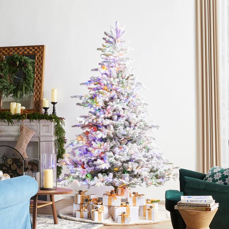 Glitzhome 6FT/7.5FT/9FT/11FT Snow Flocked Pre-lit Artificial Fir Christmas Trees - 7.5FT Full-size Fir in 9 Function