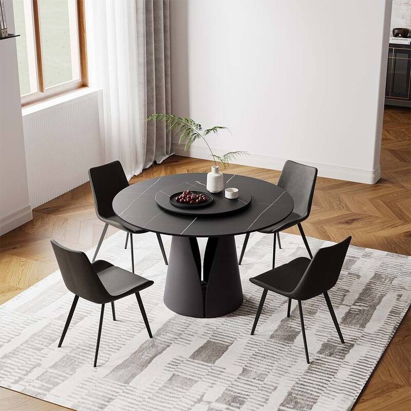 Modern Round White Dining Table，Sintered Stone Tabletop, Solid Black Carbon Steel Base