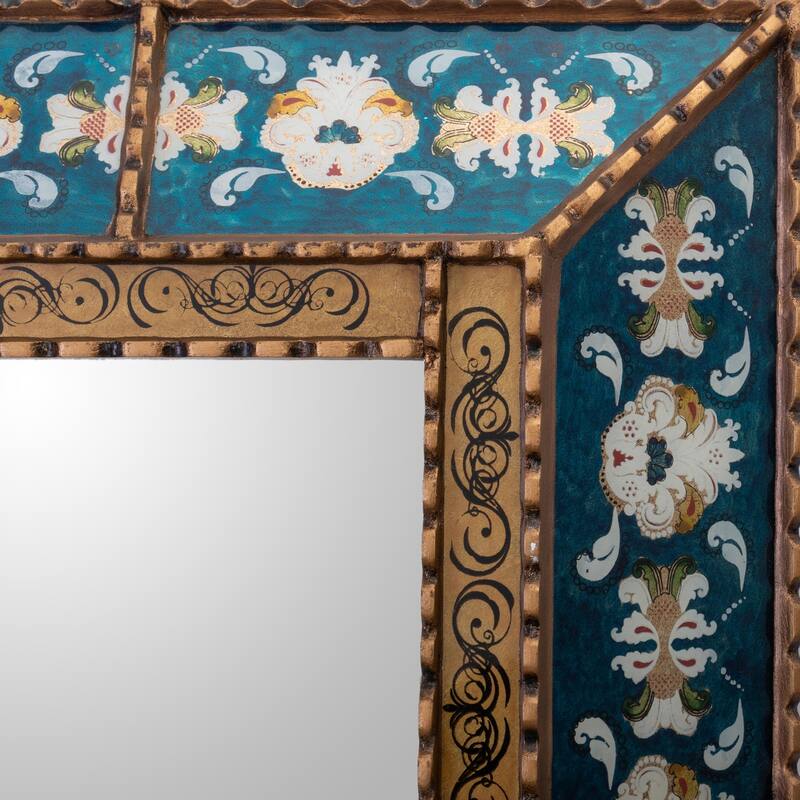 Novica Handmade Teal Colonial Garden Reverse Painted Glass Wall Mirror