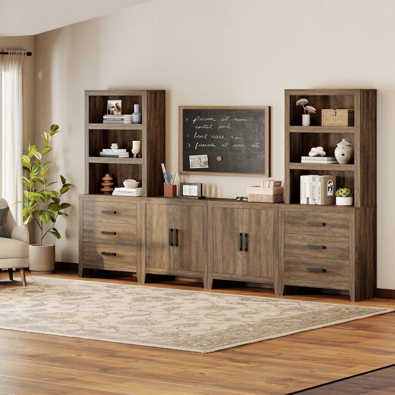 WAMPAT Entertainment Center with Bookshelves, Farmhouse TV Stand, Media Console with Adjustable Shelves for Living Room, Bedroom