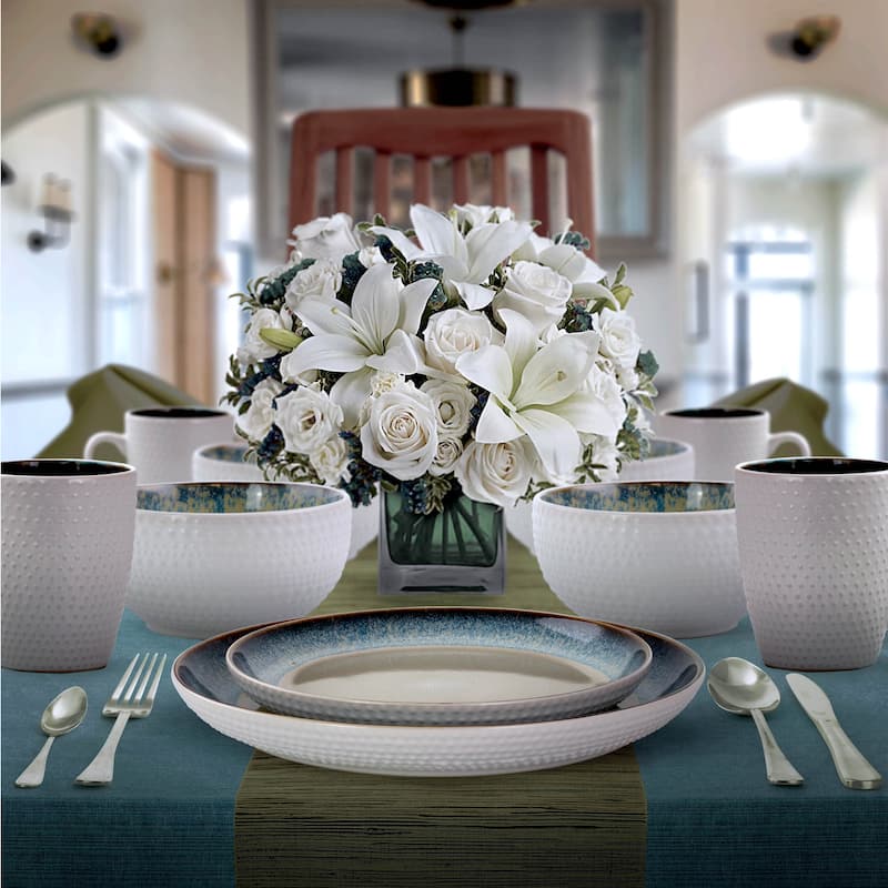 16 Piece Spot Textured Stoneware Dinnerware Set in White with Beige and Blue Interior