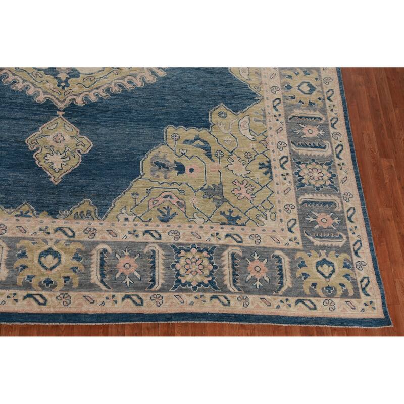 Hand Knotted Oriental 100% Wool Carpet Transitional Medallion Navy Blue & Blues Oushak Area Rug - 14' 9'' X 11' 10''