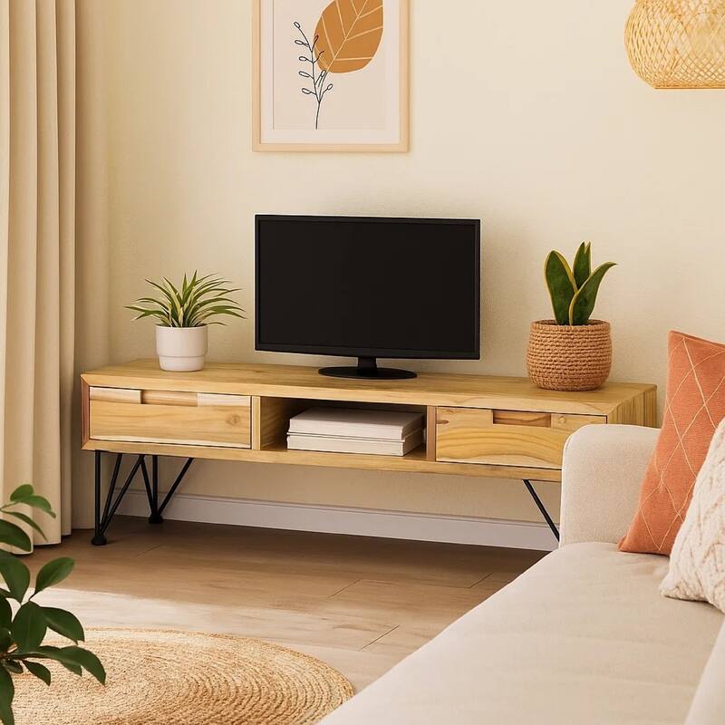 TV Stand Media Cabinet, Natural Teak Wood and Wrought Iron, 47 Inch