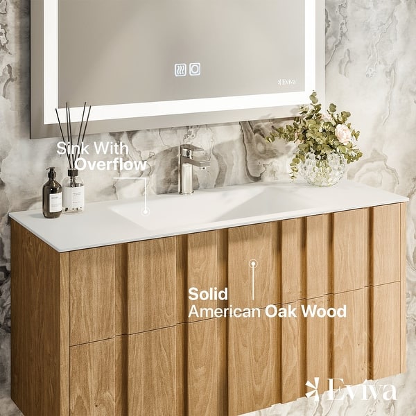 Eviva Lumber 44 in. W Solid Wood Floating Bathroom Vanity in Oak with White Solid Surface Top with White Sink