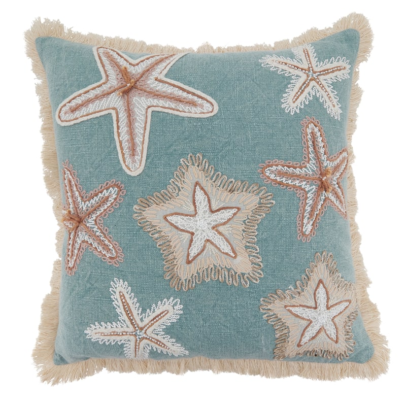 Embroidered Starfish Fringe Cotton Throw Pillow - Coastal Starfish Design for Sofa, Bed & Accent Styling, 18"x18" - Blue-Grey - 18"x18" - Polyester