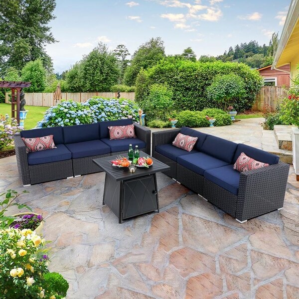 PHI VILLA 6-Seater Patio Fire Pit sets: Table 28"×28" 50,000BTU & Rattan Wicker Sectional Sofa. Opens flyout.