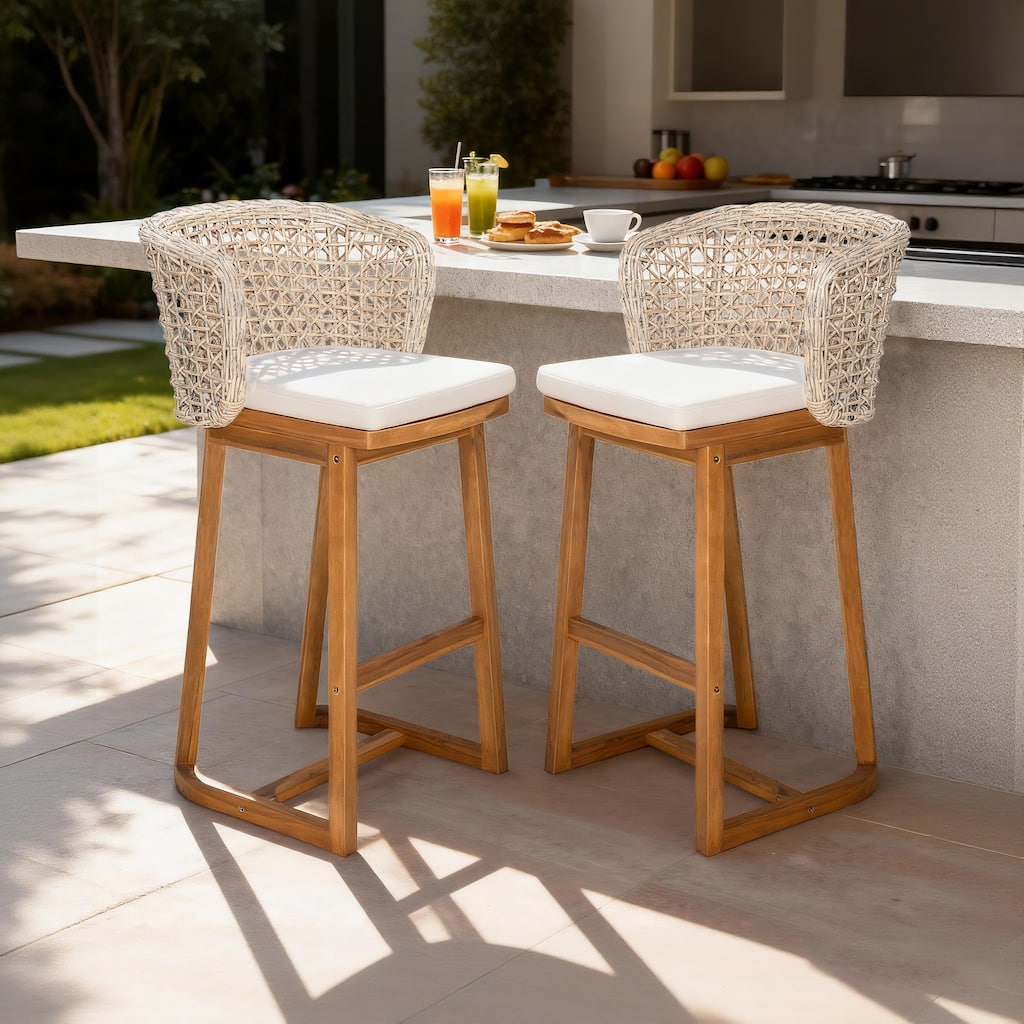 Christopher Knight Home - Dome Outdoor Bar Stool Acacia Wood and Light Brown Wicker, Set of 2