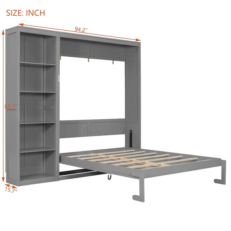 Queen Size Murphy Bed Wood Wall Bed Folding Bed with Storage Shelves