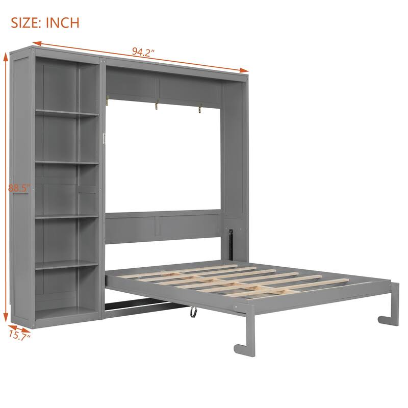 Roomfitters Queen Wall Murphy Bed with Adjustable Shelves Storage Cabinet Wood Frame