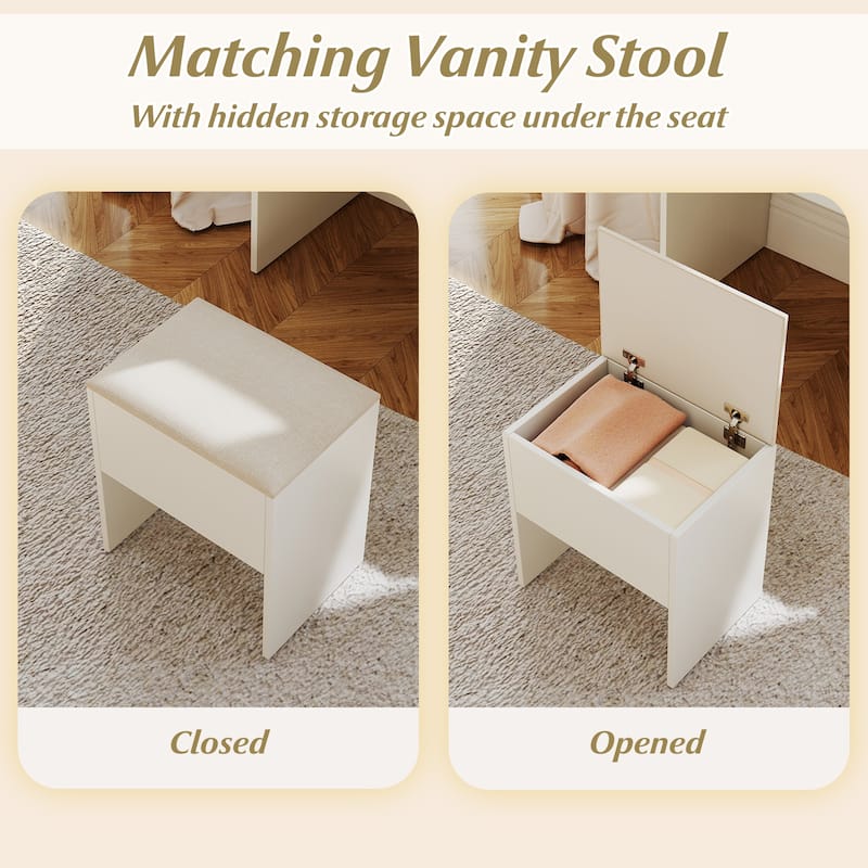 Vanity Desk and Stool Set with Lighted Mirror Built in Charging Station and Storage Drawers White - 35.5" x 16" x 53"