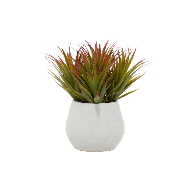 Green Faux Foliage Striped Stemmed Aloe Artificial Plant with White Ceramic Pot - 9 x 9 x 9