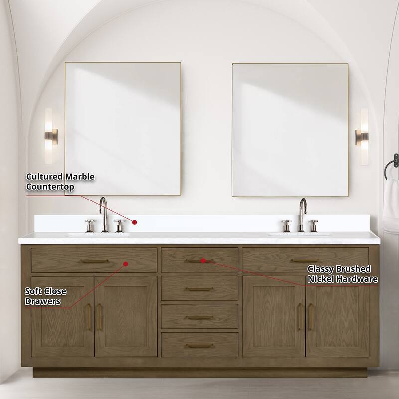 Abbey 60 in W x 22 in D Black Oak Double Bath Vanity, Cultured Marble Top, Faucet Set, and 28 in Mirrors