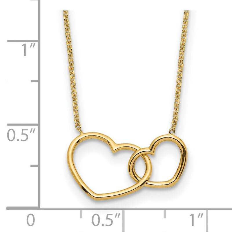 Curata 14k Yellow Gold Polished Double Love Heart Necklace, 17"