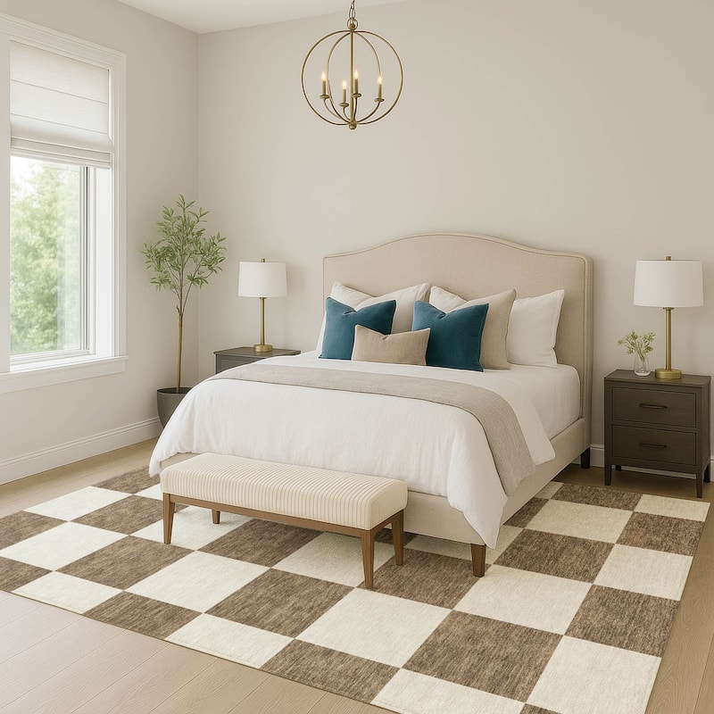 Machine Washable Indoor/ Outdoor Modern Checker Chantille Rug