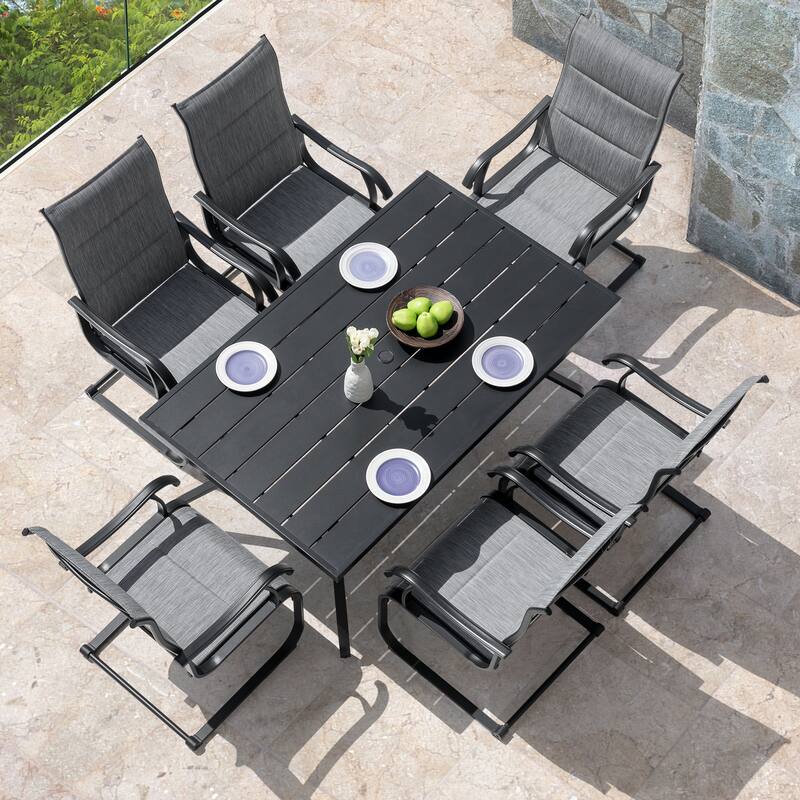 Outdoor Dining Set of 6 with Umbrella Hole, Breathable Textilene and Iron