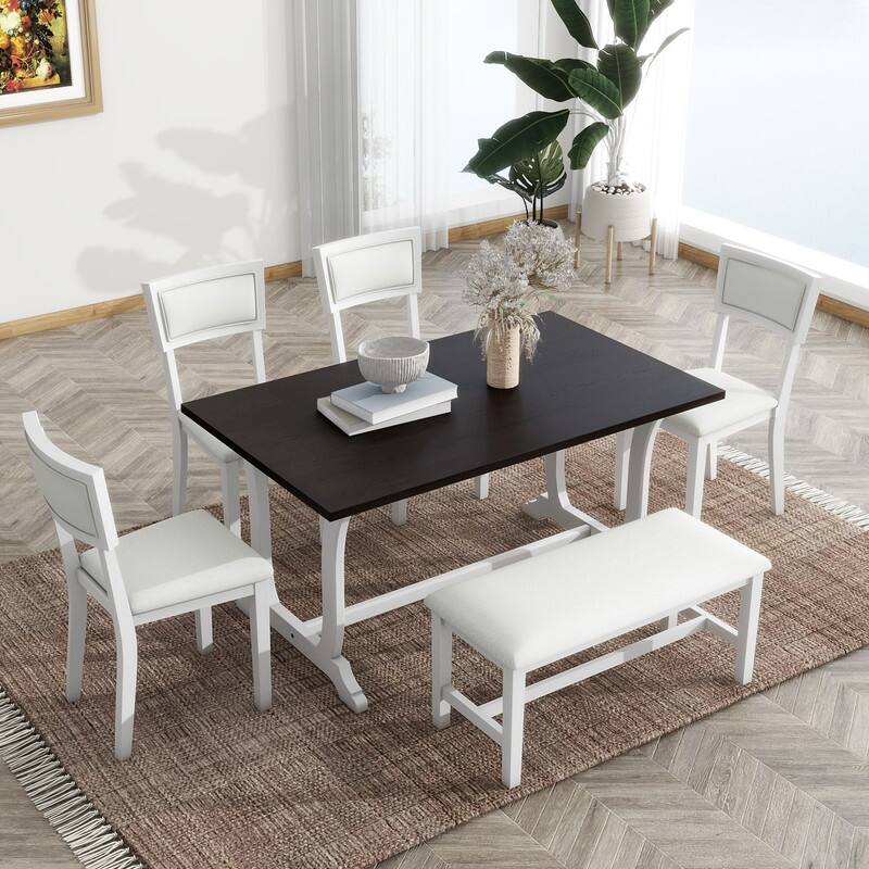 Farmhouse 6Piece Trestle Dining Table Set with Upholstered Dining