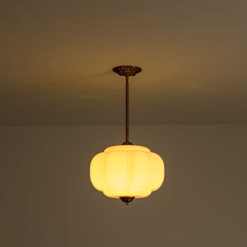 1-Light Retro Antique Brass Pumpkin Shaped Semi-Flush Mount Light/Pendant with Milk/Green Glass for Kitchen, Dining Room