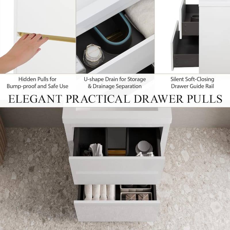 24" Freestanding Bathroom Vanity with Sink, Stone Resin Countertop, Soft Close Drawers, Glossy White Finish