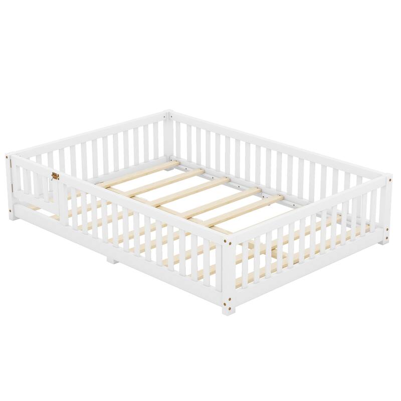 Full Size Pine Wood Floor Bed with Safety Guardrails and Door for Kids, Boys, Girls, Bedroom