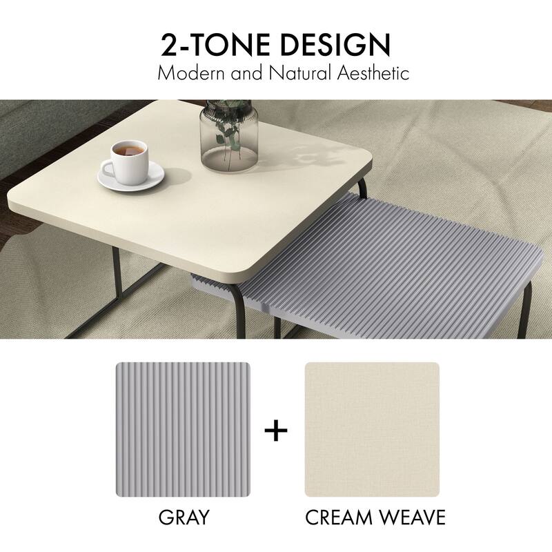 Furniture of America Tracy Modern 2-Piece Nesting Fluted Cream/Grey Square Coffee Table Set