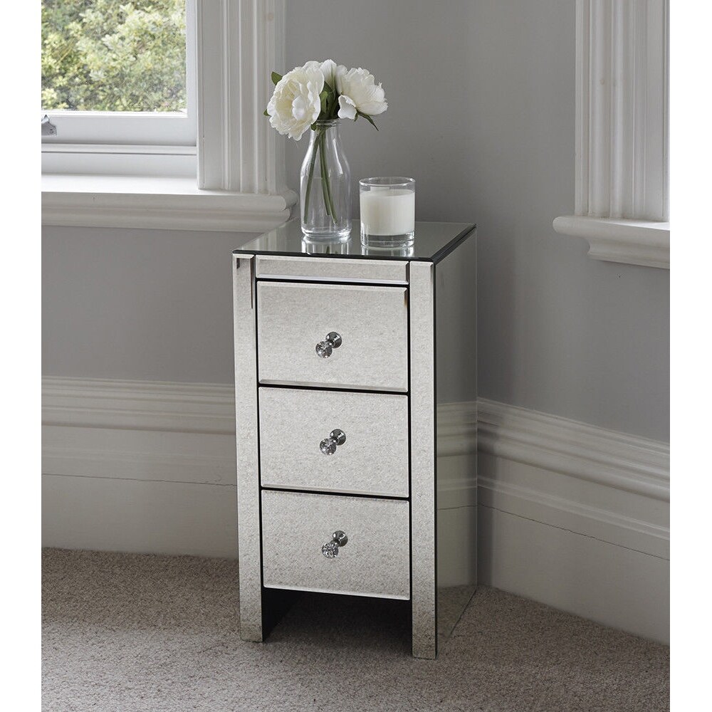 Mirrored Glass Nightstand with Three Drawers Sliver
