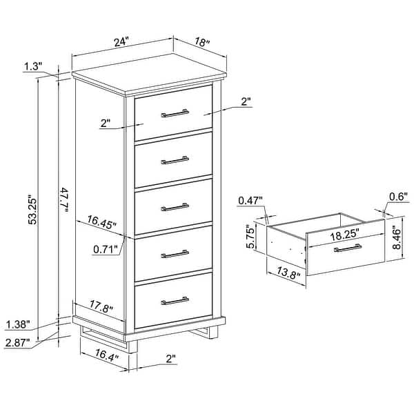 dimension image slide 1 of 2, Contemporary 24-Inch Tall Chest with 5 Drawers