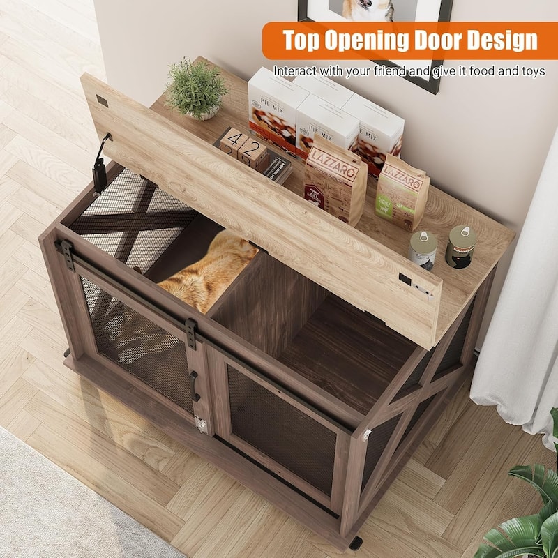 Furniture Dog Crate Table with Flip Top, Sliding Door, Divider