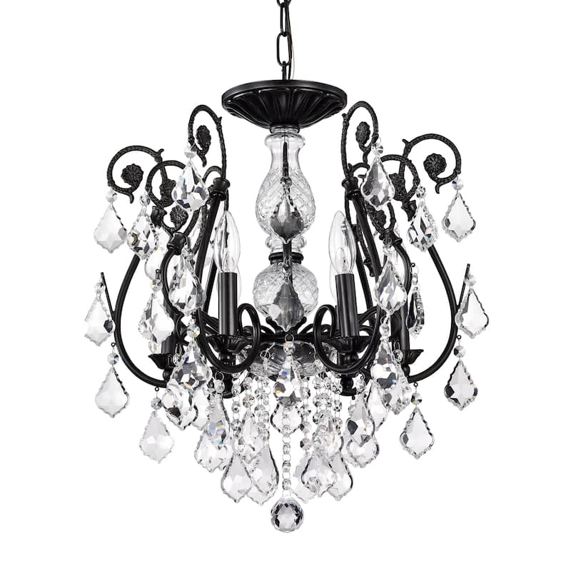 Antique Black 6-Light Wrought Iron Chandelier with Crystals Hanging