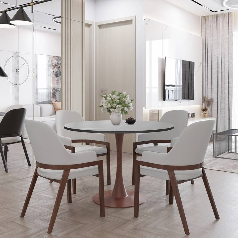 Bristol 40" Round Dining Table with Sintered Stone Top and Walnut Steel Pedestal Base for Modern Kitchen and Dining Room