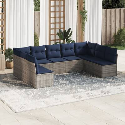 vidaXL 9/10 Piece Patio Sofa Set with Cushions Brown/Gray Poly Rattan - 21.7 x 24.4 x 27.2
