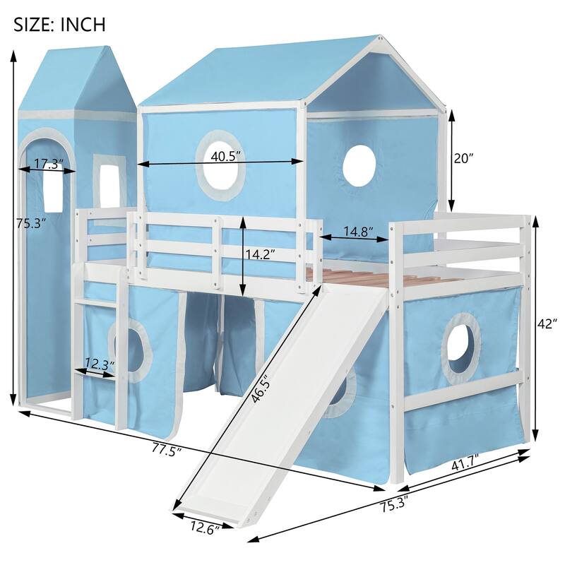 Twin/Full Size Wooden Playhouse Loft Bed with Tent and Tower, Solid Pinewood Low Loftbed Frame with Slide and Ladder