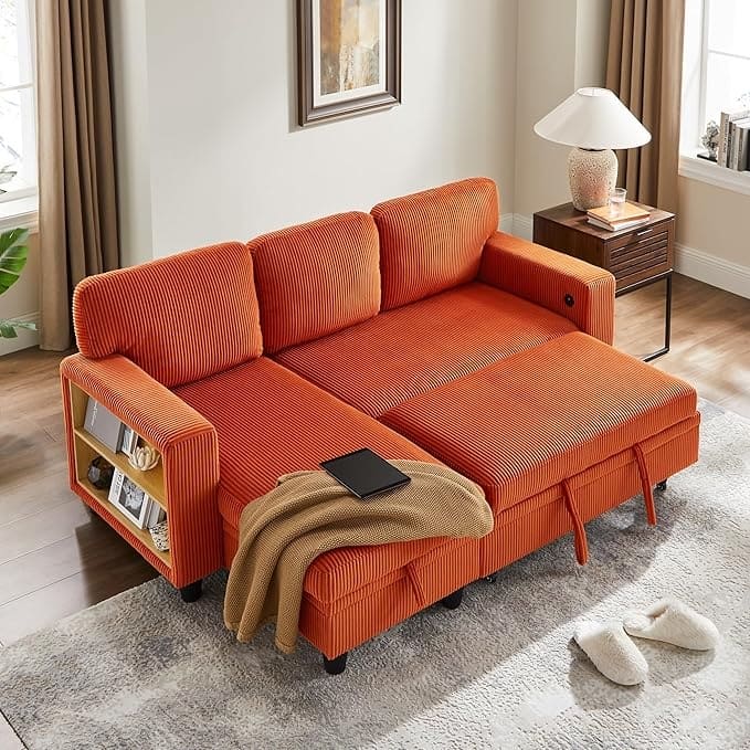 Modern Sleeper Sofa Bed, Couch Bed with Bookshelves & Charging Port