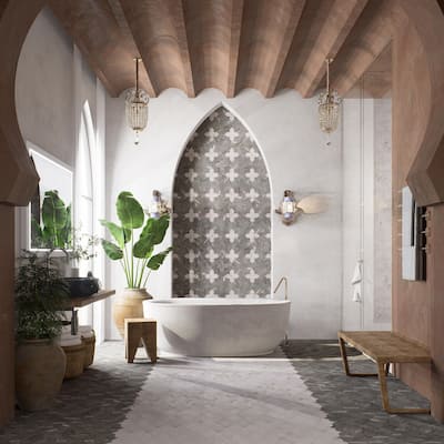 Merola Tile Istanbul Squire Shield Night with Day Cross 6" x 8-3/8" Porcelain Floor and Wall Tile - Case (48 Tiles)
