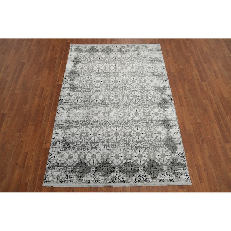 Machine Made Oriental Polyester Carpet Geometric Greys & Charcoal Distressed Area Rug - 7' 5'' X 5' 2''