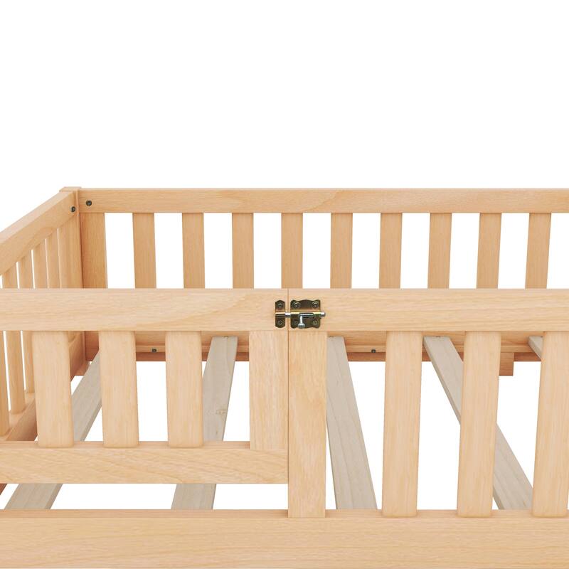 Twin/Full/Queen Size Floor Bed w/Door & Fence,Montessori Floor Bed for Kids,Solid Wood Twin/Full/Queen Bed Frame for Girls Boys