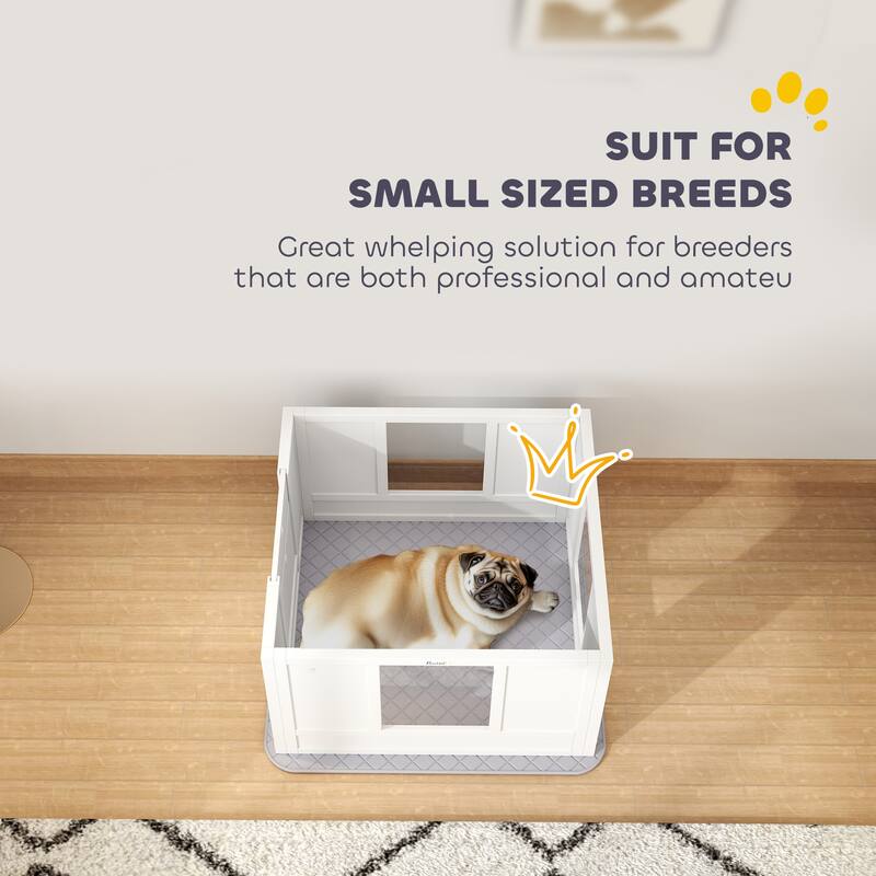 PawHut Whelping Box for Dogs with Waterproof Whelping Pad, Dog Whelping Pen with Clear Panels, Adjustable Entrance, Double Room