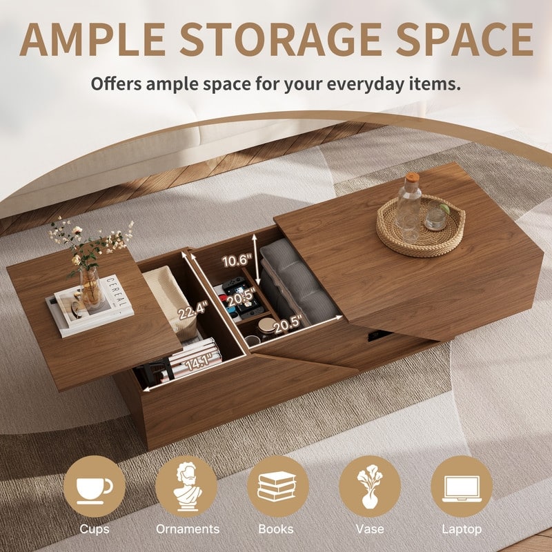 47" Modern Mid-Century Lift Top Trunk Coffee Table with Divided Storage, Dual-Zone Design for Living Room