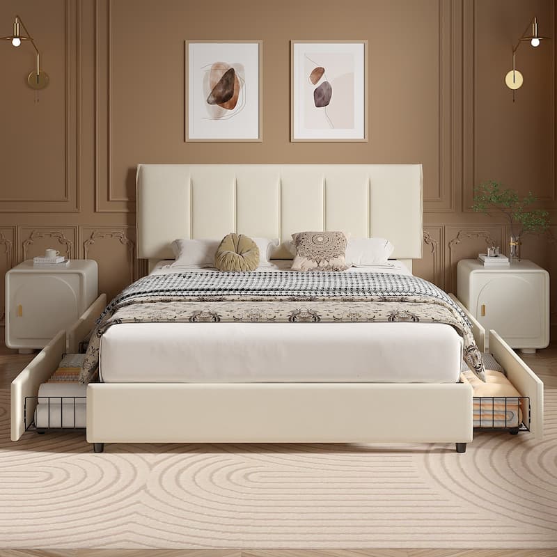 VECELO Bed Frame with 4 Storage Drawers, Upholstered Platform Bed Frame with Adjustable Headboard - Beige - Full
