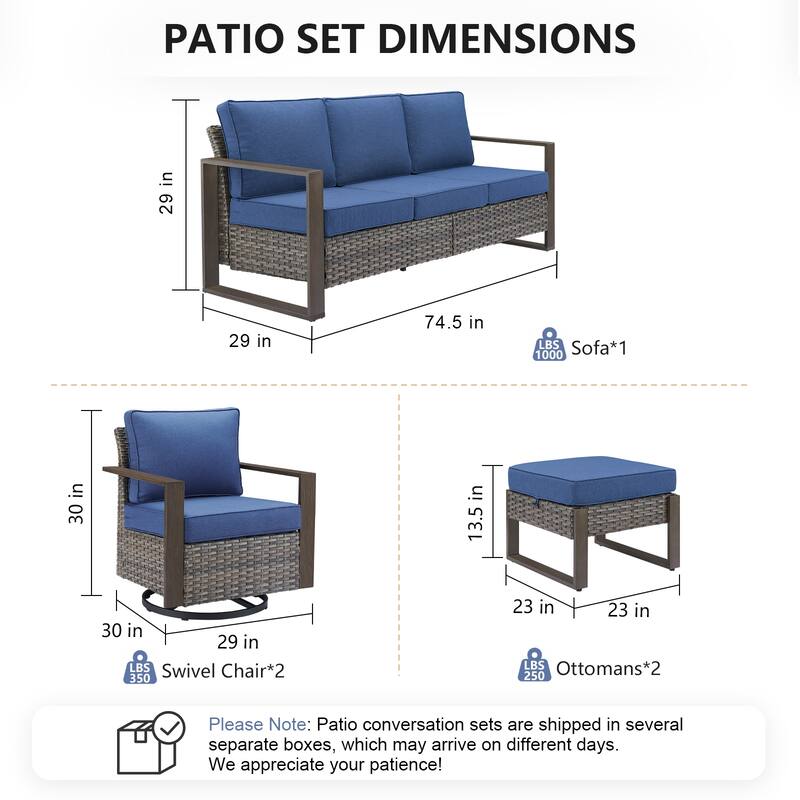 Pocassy 5 Pieces Outoor Patio Sofa Swivel Chair Ottoman Set