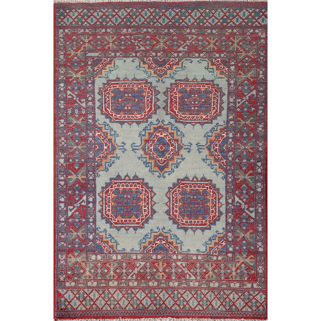 Geometric Kazak Accent Rug Hand-Knotted Blue Wool Carpet - 3'1"x 4'9"