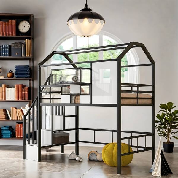 slide 2 of 10, Twin Size Metal Loft Bed with Roof Design and A Storage Box Black