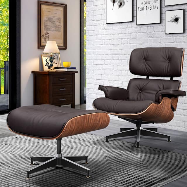 Mid Century Modern Lounge Chair and Ottoman with Real Leather - Walnut&Brown Plus
