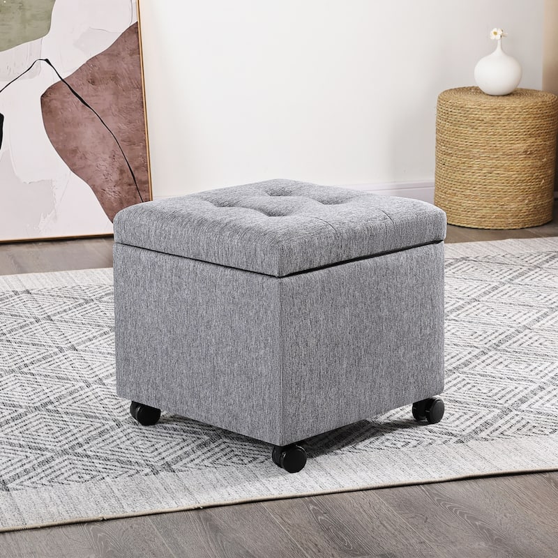 Adeco Bonded Leather Storage Ottoman Square Tufted Cube Footstool - Gray-Linen-with-Casters