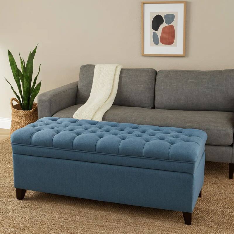 Rhya Storage Ottoman Bench, Soft Blue Fabric, Black Wood, 50 Inch