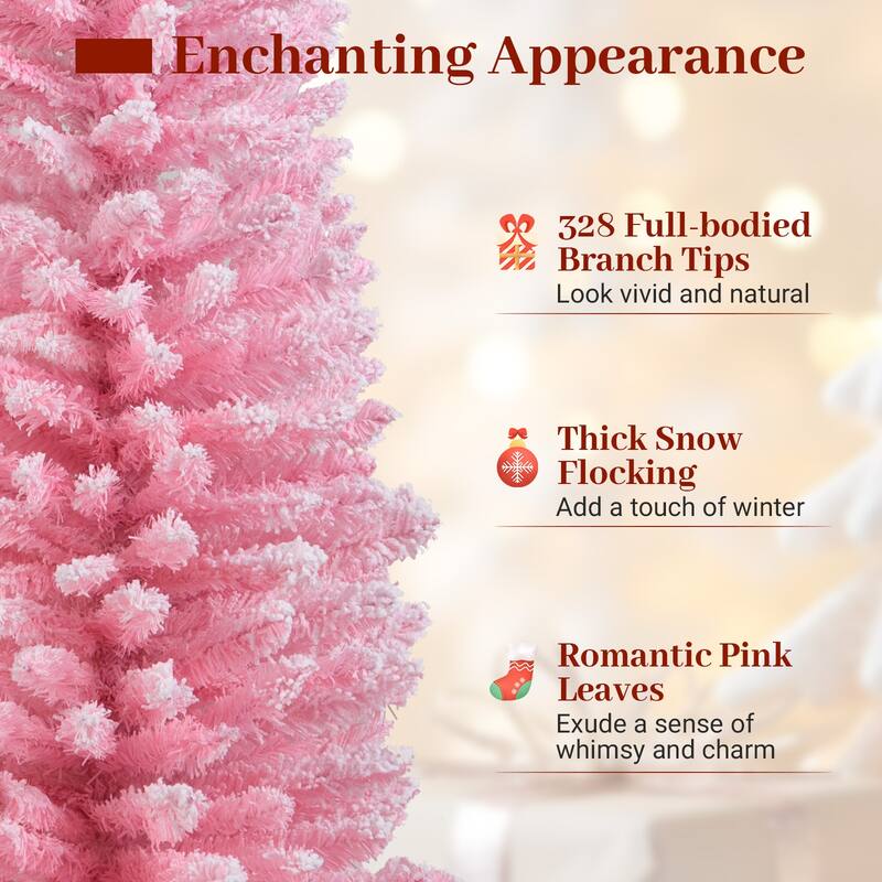 Gymax 5 FT Pink Artificial Christmas Tree Slim Pencil Xmas Tree w/ 328