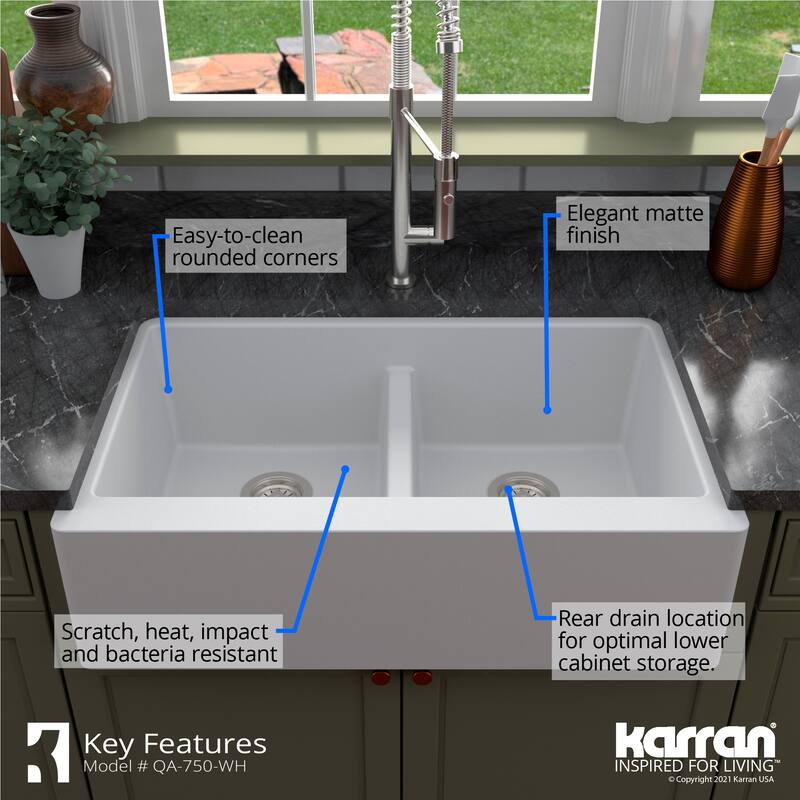 Karran Farmhouse Apron Front Quartz Double Bowl Kitchen Sink Kit