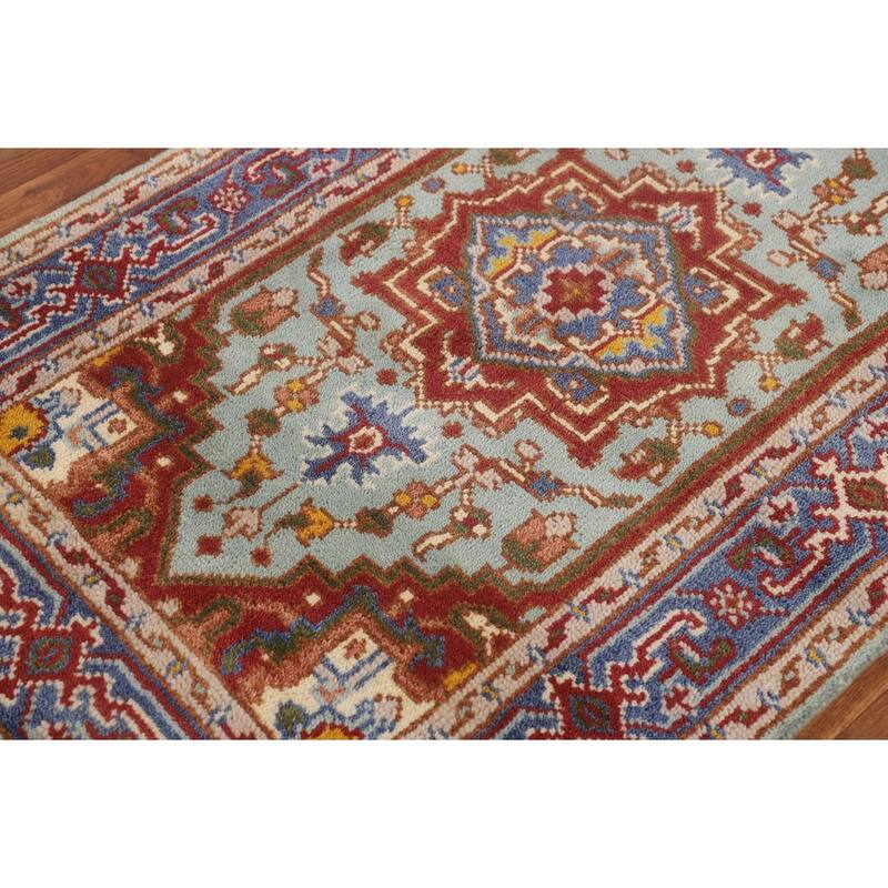Turquoise Geometric Heriz Serapi Foyer Rug Hand-Knotted Wool Carpet - 3'0"x 4'11"