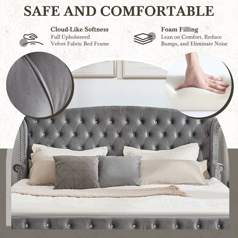 Christopher Knight Home - Larkswood Velvet Upholstered King Size Bed Frame with Wingback Headboard