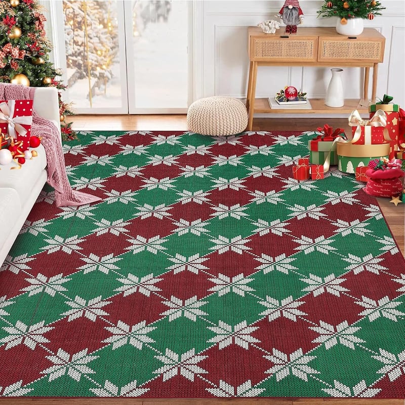 GustoWave Christmas Geometric Throw Area Rugs, Non Slip Machine Washable, Green+Red - 1'6" x 2'6" - Multi 4*6ft