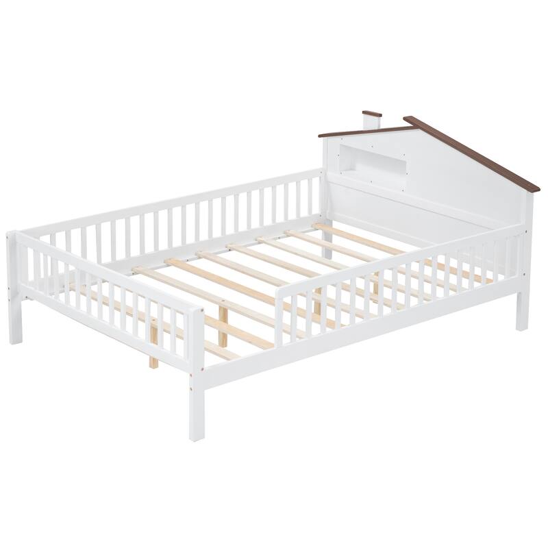 Full Size Wood Platform Bed with House-shaped Headboard, LED and Built-in Storage